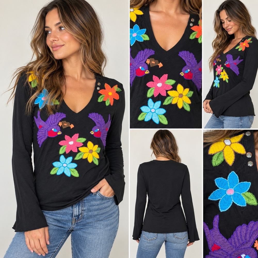 Joystick Top Embroidered Floral Bird Black Boho V-Neck Long Sleeve Size M